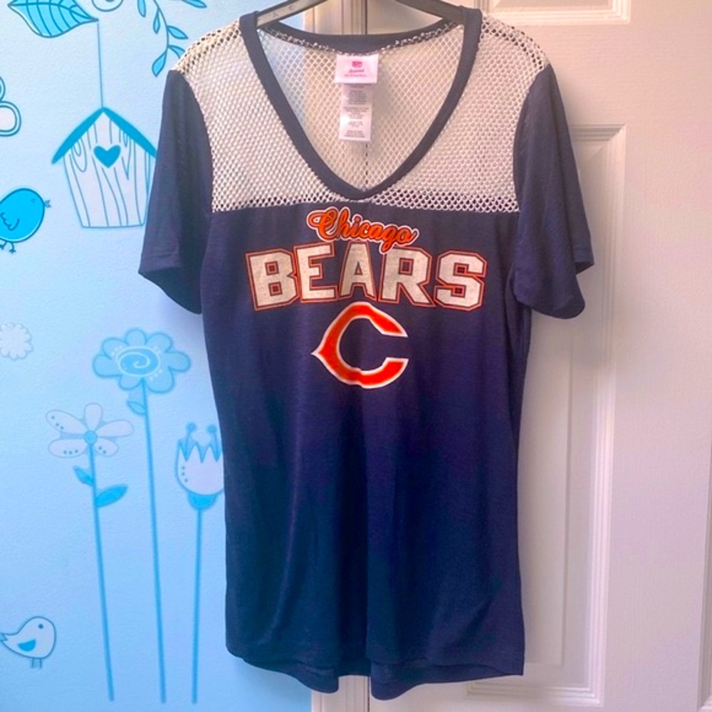 NFL Chicago Bears Teens Apparel Navy Blue White Mesh V-Neck Girls T-shirt Size L